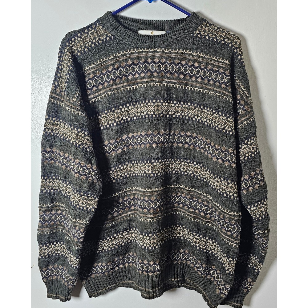 Bill Blass Menswear Vintage Green Fair Isle Knit Sweater Hand Framed USA Sz L